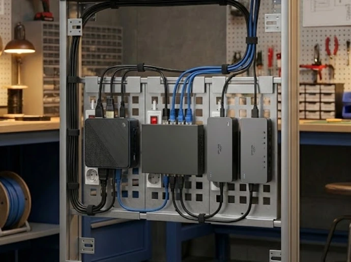 Strukturerad AV-installation monterad på Connecto-plåtar i en Pendax FlexPanel