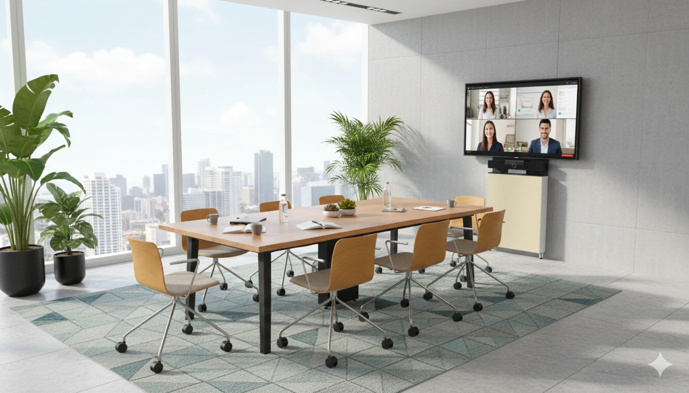 Videomöte i konferensrum Miami med PolyStudio och Pendax FlexPanel med ljust tyg