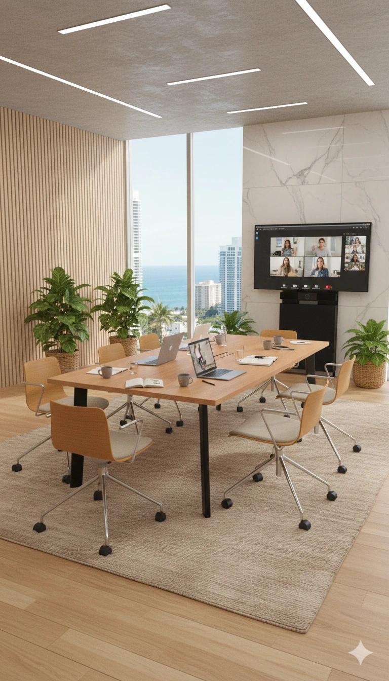 Videomöte i konferensrum Orlando med PolyStudio och Pendax FlexPanel